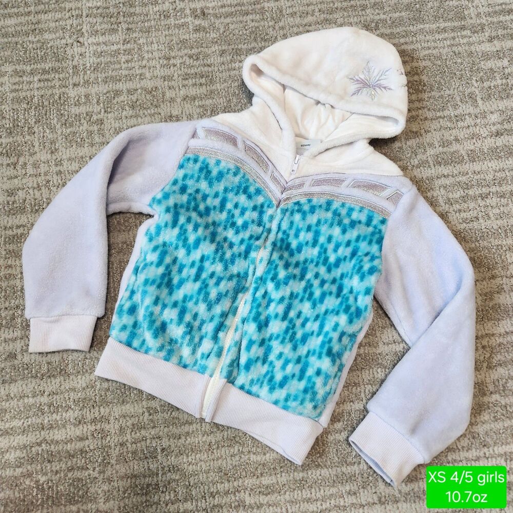 Disney Frozen Elsa Girl Blue White Fuzzy Fleece Zip Up Hoodie Jacket Size XS 4/5